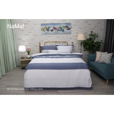 Bộ Chăn Ga Gối TencelP Sọc Trắng Xanh
