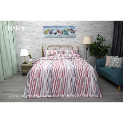 Bộ Chăn Ga Gối Wooltencel Sọc Chéo Đỏ Ghi
