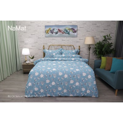 Bộ Chăn Ga Gối TencelP Chuỗi Ngọc Bi Xanh