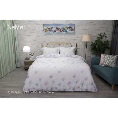 Bộ Chăn Ga Gối Promodal B Hoa Diệp Hà Sơn Trắng