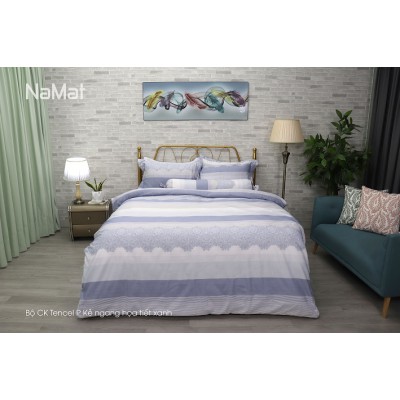 Bộ Chăn Ga Gối TencelP Kẻ Ngang Họa Tiết Xanh