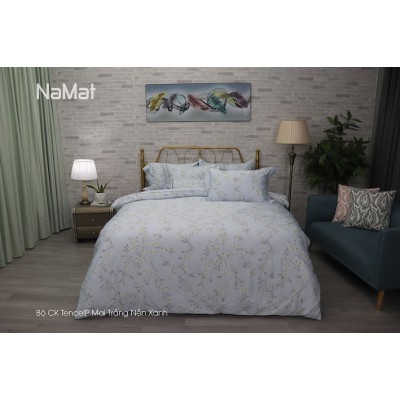 Bộ Chăn Ga Gối TencelP Mai Trắng Nền Xanh