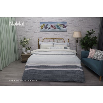 Bộ Chăn Ga Gối TencelP Sọc Xanh Ghi