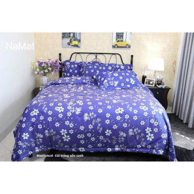 Bộ Chăn Ga Gối Wooltencel Cúc Trắng Nền Xanh