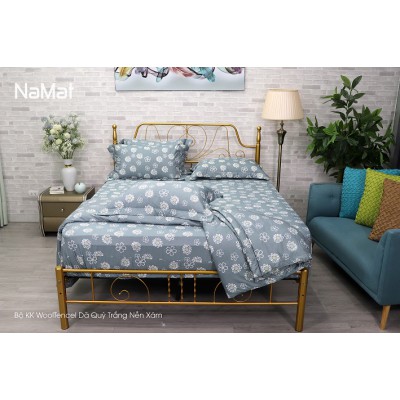 Bộ Chăn Ga Gối Wooltencel Dã Quỳ Trắng Nền Xám