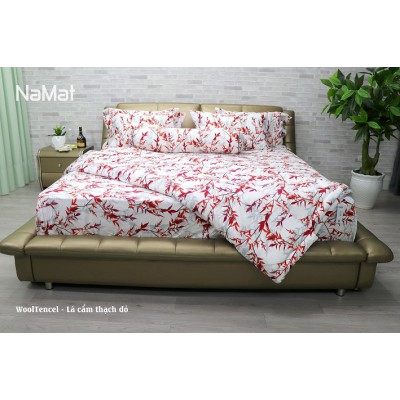 Bộ Chăn Ga Gối Wooltencel Lá Nhỏ Tím Đỏ