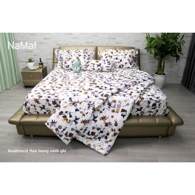 Bộ Chăn Ga Gối Wooltencel Màu Loang Xanh Ghi