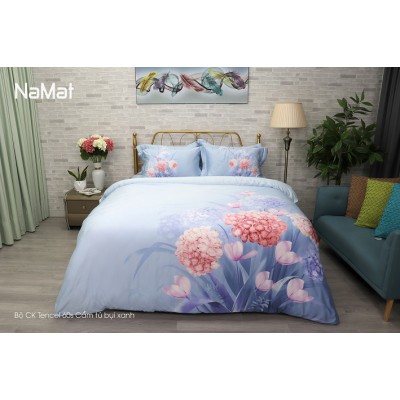 Bộ Chăn Ga Gối Tencel 60s Cẩm Tú Bụi Xanh