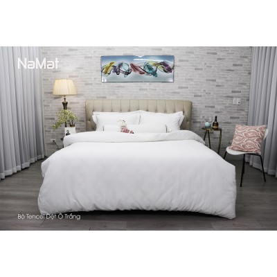 Bộ Chăn Ga Gối Tencel Dệt Ô Trắng