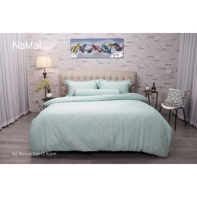 Bộ Chăn Ga Gối Tencel Dệt Ô Xanh