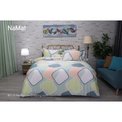 Bộ Chăn Ga Gối New Tencel Ô vuông xanh