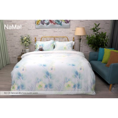 Bộ Chăn Ga Gối Tencel 40s Hoa Xuân Xanh