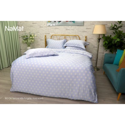 Bộ Chăn Ga Gối Tencel 40s Tứ Giác Hoa Xanh