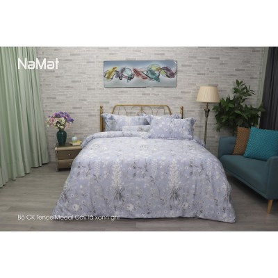 Bộ Chăn Ga Gối TencelModal Cây lá xanh ghi