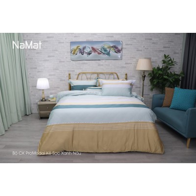 Bộ Chăn Ga Gối Promodal Kẻ Sọc Xanh Nâu