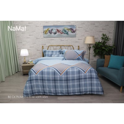 Bộ Chăn Ga Gối Promodal B Kẻ xanh xám
