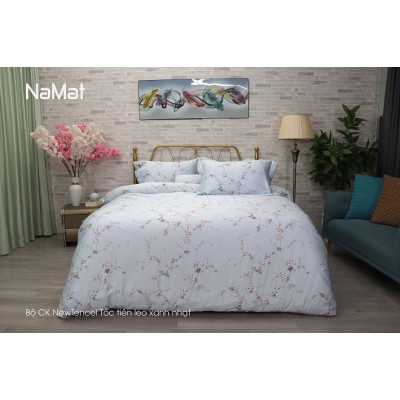 Bộ Chăn Ga Gối New Tencel Tóc tiên leo xanh nhạt