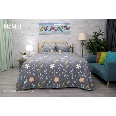 Bộ Chăn Ga Gối 4SS Hoa Baby Xanh Ghi