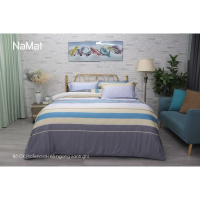 Bộ Chăn Ga Gối ProTencel H Kẻ ngang xanh ghi