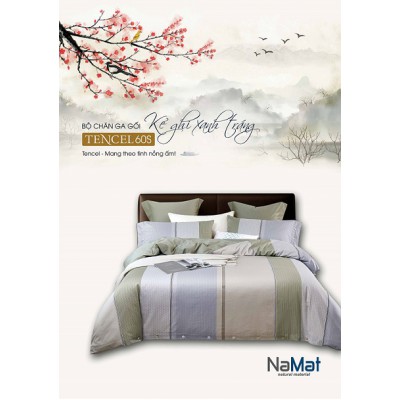 Bộ Chăn Ga Gối Tencel 60s Kẻ Ghi Xanh Trắng