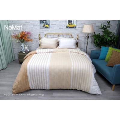 Bộ Chăn Ga Gối Tencel 60s Sọc Trắng Nâu Vàng