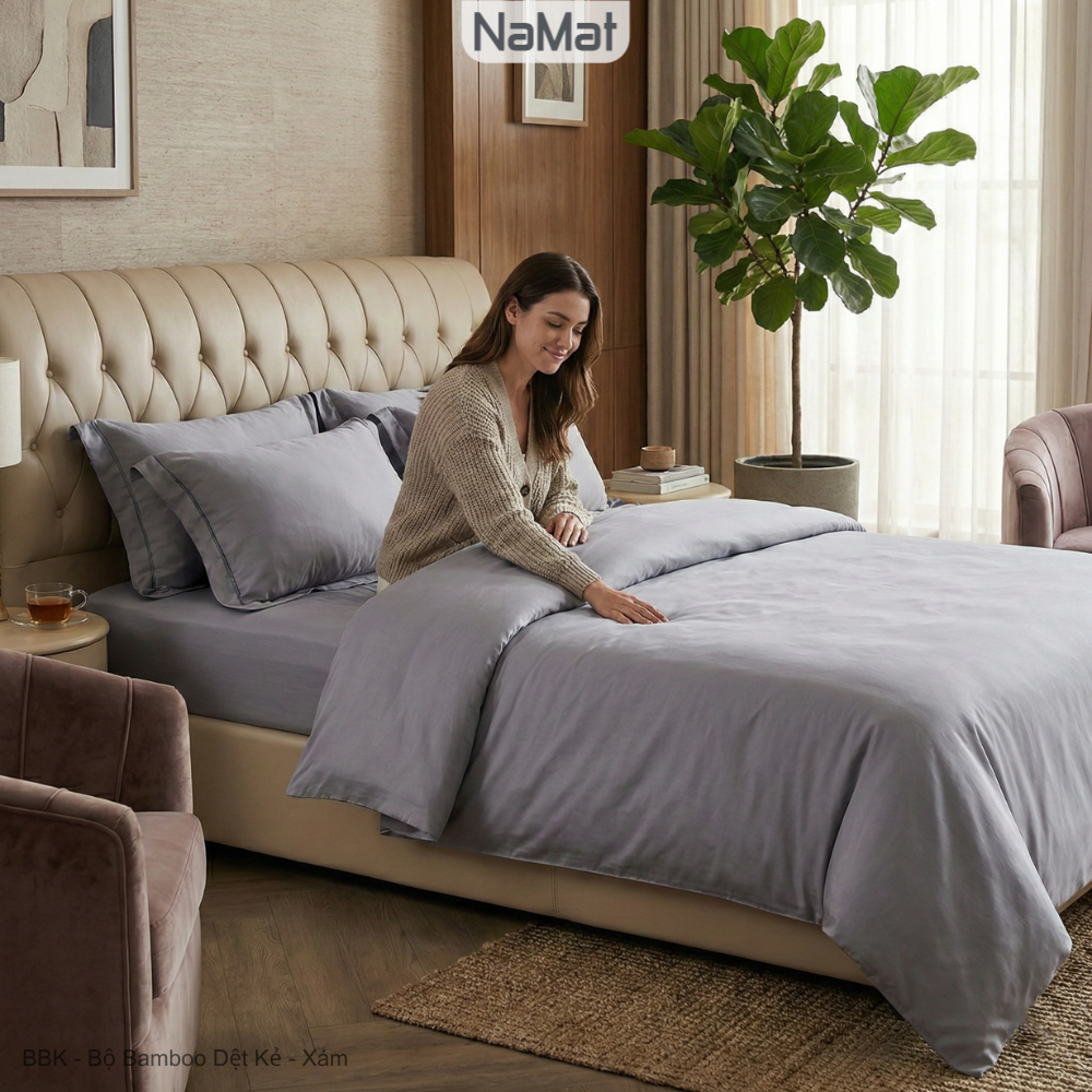 Bamboo dệt kẻ - Combo Ga + Vỏ Gối 3 Món - BBK