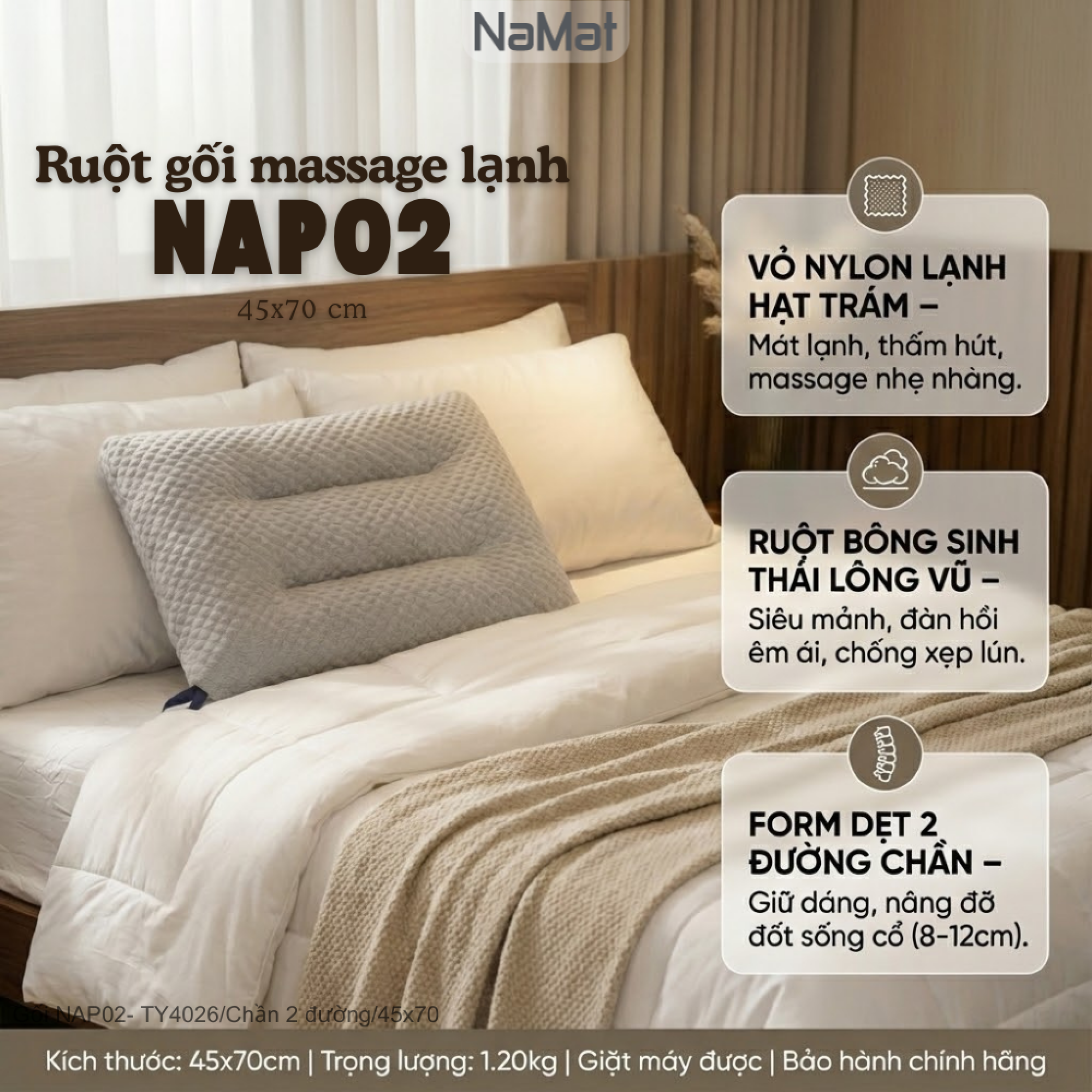 Gối massage lạnh, hỗ trợ đau vai cổ gáy, bông lông vũ - NAP02